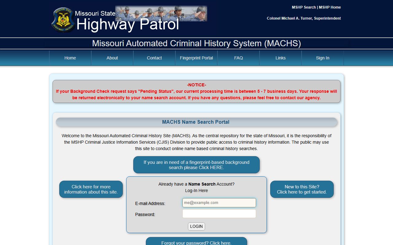 Missouri Automated Criminal History Site name search portal