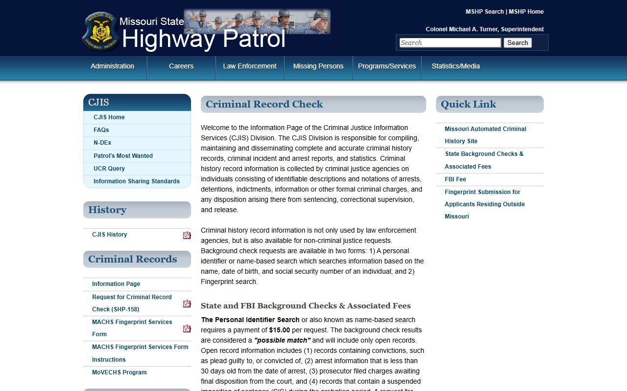 Missouri State Highway Patrol criminal record check page