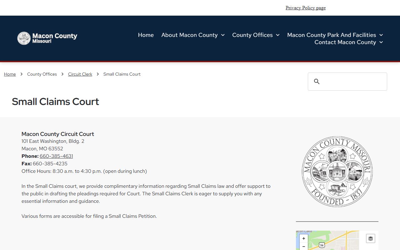 Macon County Small Claims Court local information page