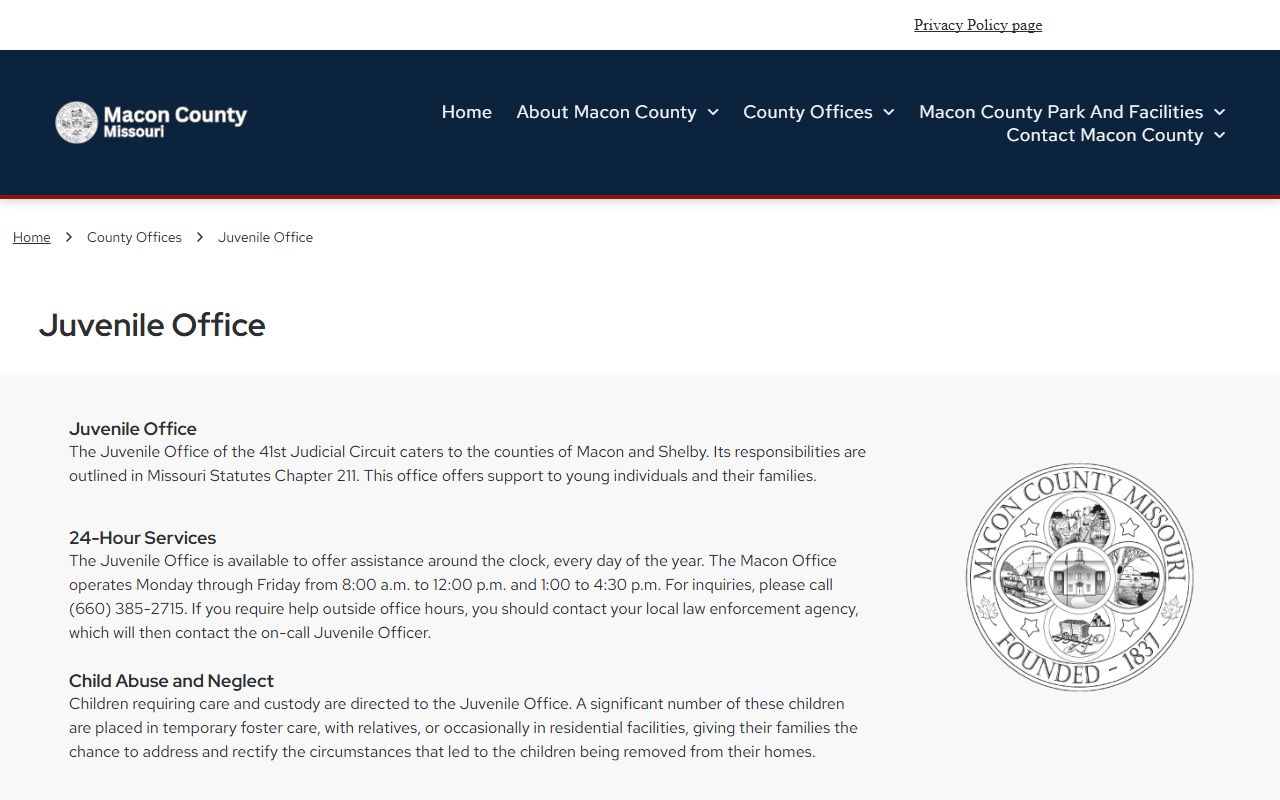 41st Judicial Circuit Juvenile Office page for Macon County