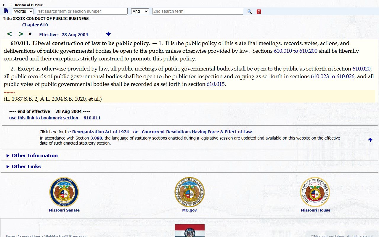 Missouri Sunshine Law public policy statute for public records