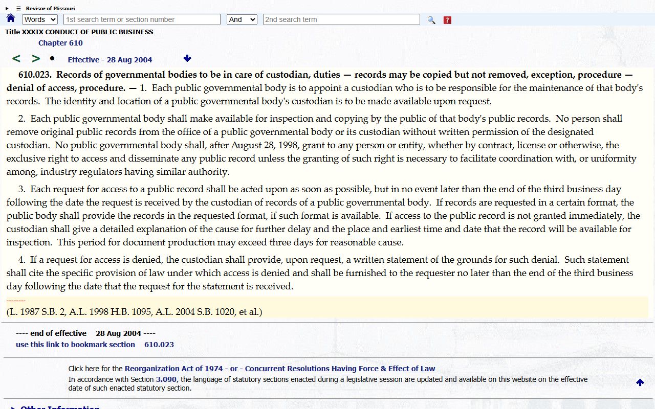 Missouri public record custodian and inspection procedure statute