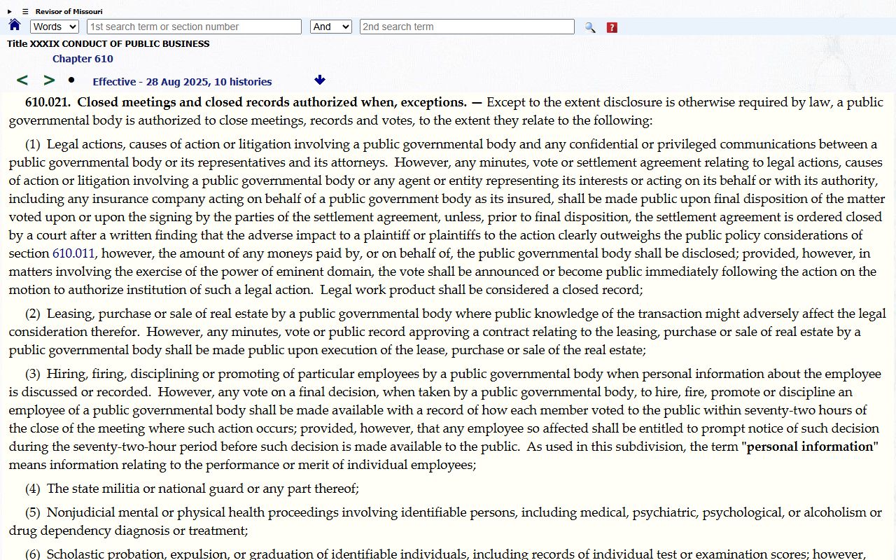 Missouri closed public record exceptions statute