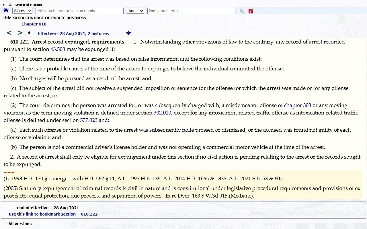 Missouri arrest record expungement statute